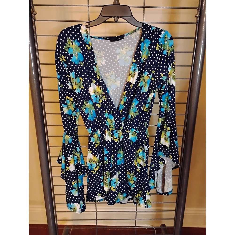 Can't Miss Navy Polka Dot Floral Bell Sleeve Romper Blue Yellow Size Medium